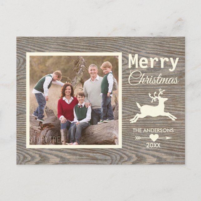 Cartes Pour Fêtes Annuelles Bois rustique Beige Reindeer Noël Famille Photo (Devant)