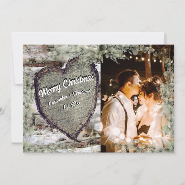 Cartes Pour Fêtes Annuelles Bois rustique Coeur Eucalyptus Vacances vertes (Devant)