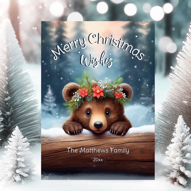 Cartes Pour Fêtes Annuelles Bois rustique Joyeux Noël Voeux Ours Brown (Adorable Winter Snowy Scene With Peeking Dogs or Farm/Woodland Animals - Over 50 to Choose From!)