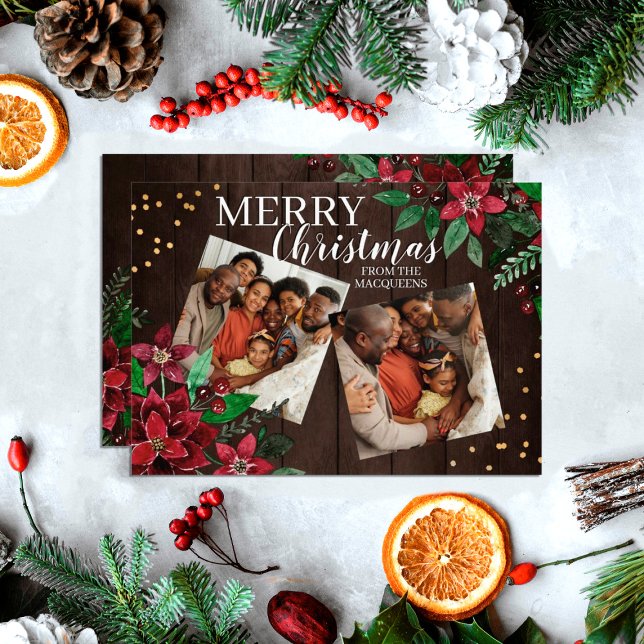 Cartes Pour Fêtes Annuelles Bois rustique Poinsettia Floral Confetti Noël (Créateur téléchargé)