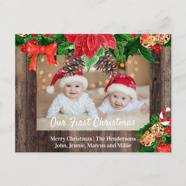 Cartes Pour Fêtes Annuelles Bois rustique Poinsettias Jumeaux Premier Noël (Devant)