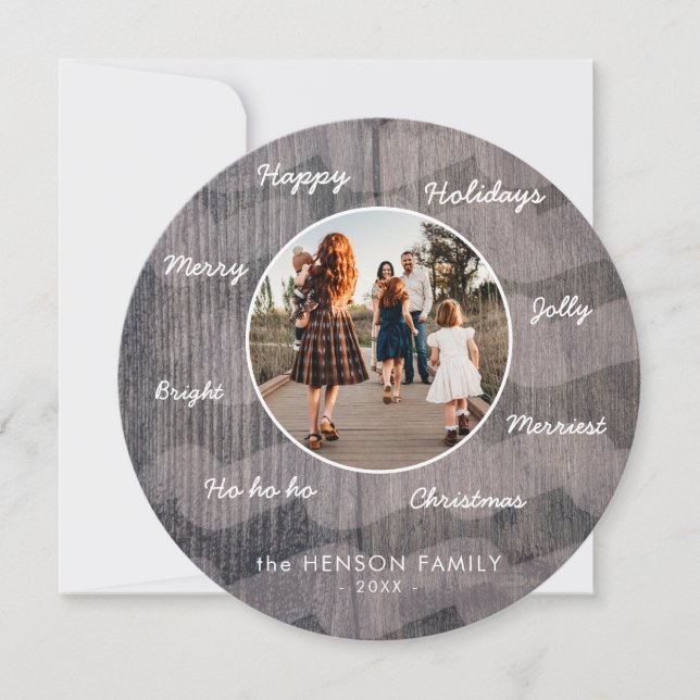 Cartes Pour Fêtes Annuelles Bois rustique unique voeux de Noël Photo de famill (Devant)