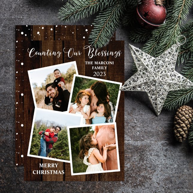 Cartes Pour Fêtes Annuelles Bois Rustique Woodsy Comptant Nos Bénédictions 4 P ("Counting Our Blessings"!  Say "Merry Christmas" in rustic style with this 4 photo holiday card.)