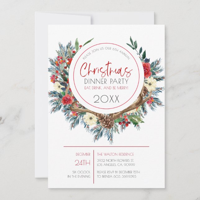 Cartes Pour Fêtes Annuelles Boitiers de cerfs avec fleurs de Noël couronnes (Devant)