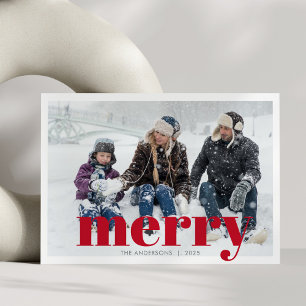 Cartes Pour Fêtes Annuelles Bold Red Merry Photo Famille Noël Moderne