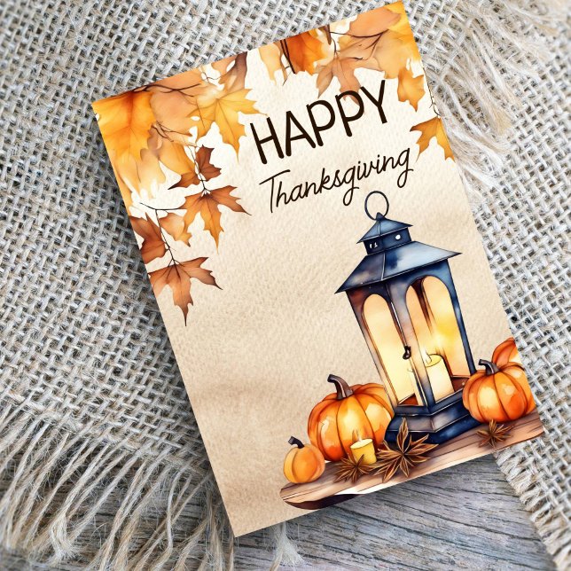 Cartes Pour Fêtes Annuelles Bon thanksgiving boho citrouille lanterne (Happy Thanksgiving editable template greeting card rustic watercolor lantern with candle maple leave)