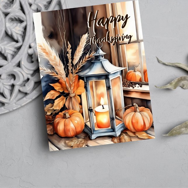 Cartes Pour Fêtes Annuelles Bon thanksgiving boho citrouille lanterne (Happy Thanksgiving rustic boho watercolor pumpkins lantern with candle harvest grains postcard)