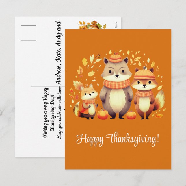 Cartes Pour Fêtes Annuelles Bon thanksgiving Citrouille de la famille Fox (Devant / Derrière)