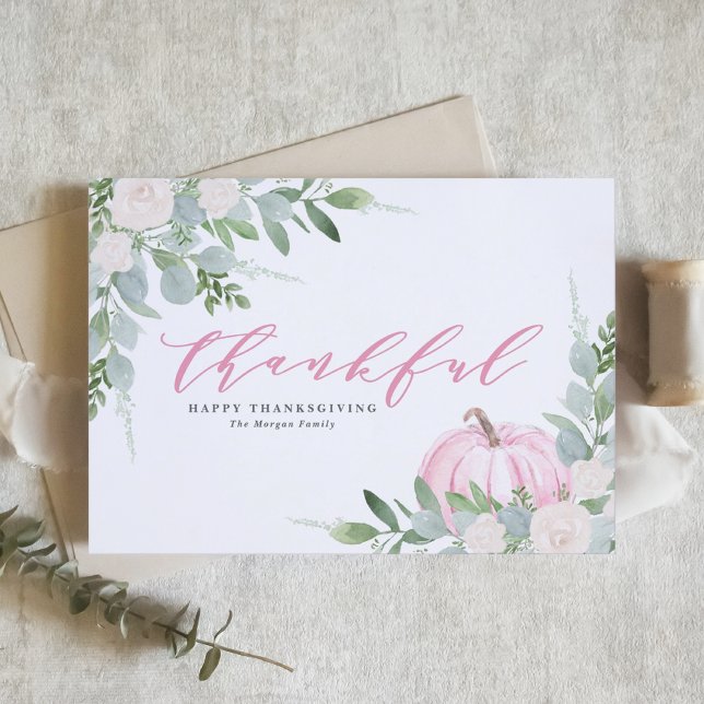 Cartes Pour Fêtes Annuelles Bon thanksgiving Citrouille rose aquarelle (Créateur téléchargé)
