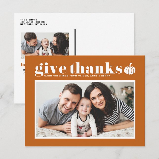 Cartes Pour Fêtes Annuelles Bon thanksgiving photo Orange Give Thanks (Devant / Derrière)