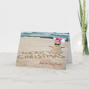 Cartes Pour Fêtes Annuelles Bonhomme de neige arénacé de Noël sur la plage