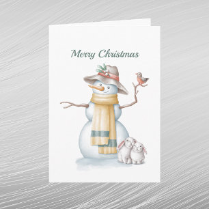 Cartes Pour Fêtes Annuelles Bonhomme de neige de Noël Lapin Oiseau Chapeau Aqu