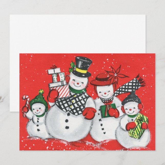 Cartes Pour Fêtes Annuelles bonhomme de neige de Noël rétro (Devant / Derrière)