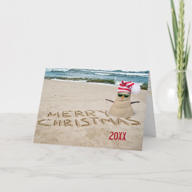 Cartes Pour Fêtes Annuelles bonhomme de neige de Noël sur la plage (Devant)