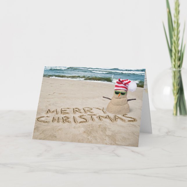 Cartes Pour Fêtes Annuelles bonhomme de neige de Noël sur la plage (Devant)