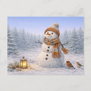 Cartes Pour Fêtes Annuelles Bonhomme de neige hivernal en aquarelle avec oisea
