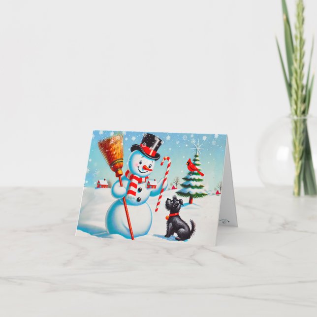 Cartes Pour Fêtes Annuelles Bonhomme de neige rétro, chien mignon, cardinal ro (Devant)