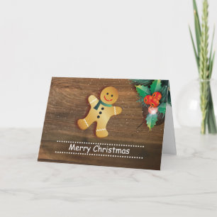 Cartes Pour Fêtes Annuelles Bonhomme en pain d'épice et houx sur Noël en bois