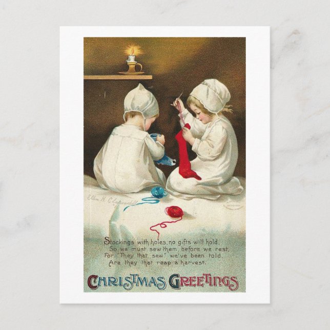 Cartes Pour Fêtes Annuelles Bonjour Noël Enfants Coudre Chaussettes de Noël (Devant)