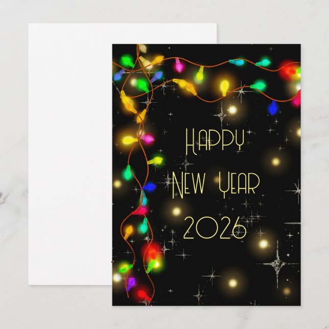 Cartes Pour Fêtes Annuelles Bonne année 2026, étoiles et guirlandes lumineuses (Devant / Derrière)
