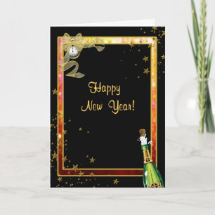 Cartes Pour Fêtes Annuelles Bonne année, Champagne, Horloge, Étoiles, Salutati