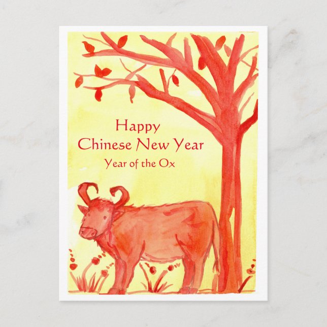 Cartes Pour Fêtes Annuelles Bonne Année Chinoise De L'Aquarelle Ox (Devant)