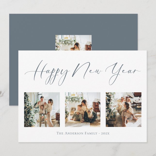 Cartes Pour Fêtes Annuelles Bonne année Dusty Blue Multi Photo Collage (Devant / Derrière)