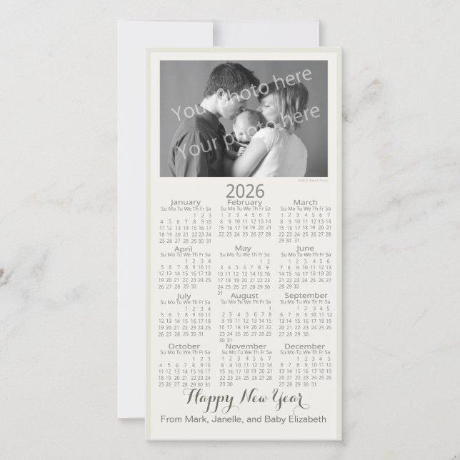 Cartes Pour Fêtes Annuelles Bonne Année Élégant Calendrier 2026 Votre Photo (Devant)