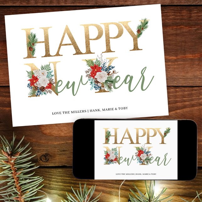Cartes Pour Fêtes Annuelles Bonne année Gold Green Poinsettia et Pine (Happy New Year holiday card available professionally printed or as printable digital download)