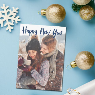 Cartes Pour Fêtes Annuelles Bonne année Photo Bleu Script Overlay Moderne