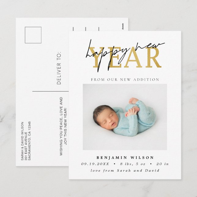 Cartes Pour Fêtes Annuelles Bonne année photo Naissance (Devant / Derrière)