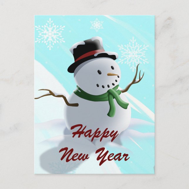 Cartes Pour Fêtes Annuelles Bonne année Snowman et Snowflakes (Devant)