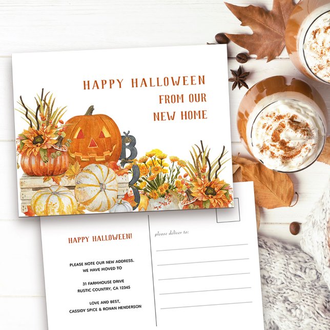 Cartes Pour Fêtes Annuelles Bonne Halloween de New Home Rustic Citrouilles (New address and Happy Halloween Postcard with rustic fall pumpkins)