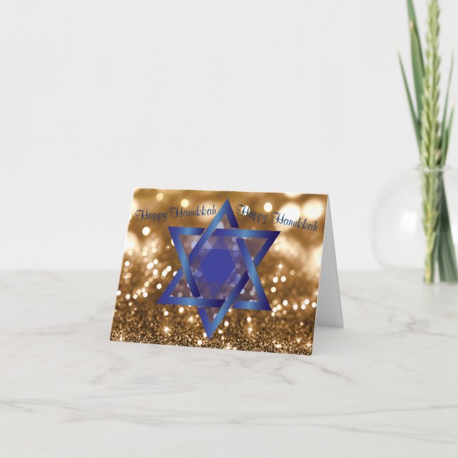 Cartes Pour Fêtes Annuelles Bonne Hanoukka Blue Star de David Golden Bokeh (Devant)