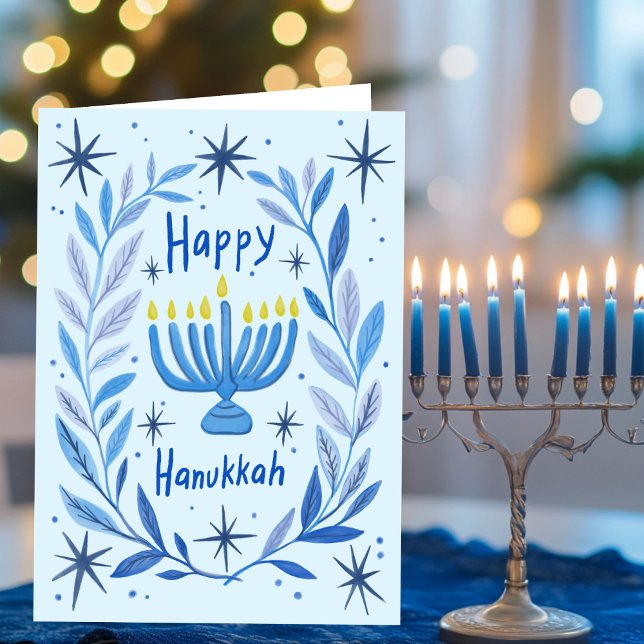 Cartes Pour Fêtes Annuelles Bonne Hanoukka Botanical Menorah Aquarelle (Happy Hanukkah Botanical Menorah Watercolor Holiday Card
)