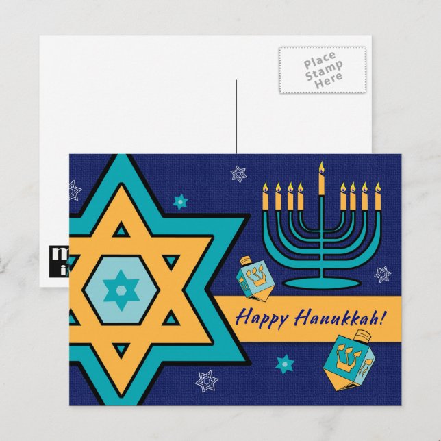 Cartes Pour Fêtes Annuelles Bonne Hanoukka. Étoile de David, Menorah, Dreidels (Devant / Derrière)