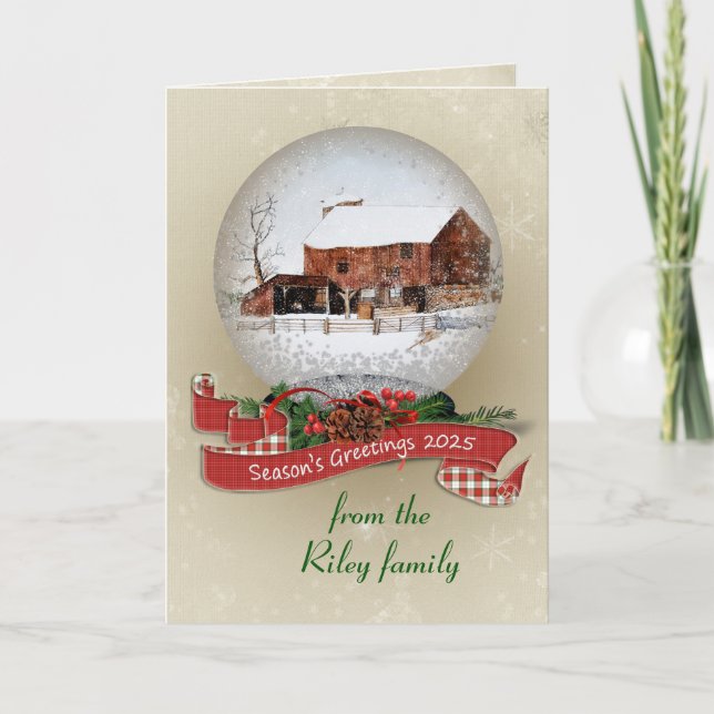 Cartes Pour Fêtes Annuelles Bonnes Fêtes 2025 Globe De Neige Avec Grange (Devant)