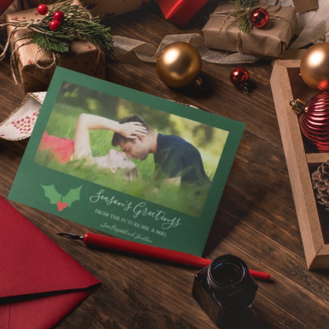Cartes Pour Fêtes Annuelles Bonnes Fêtes Holly Engagé Couple Photo (Créateur téléchargé)