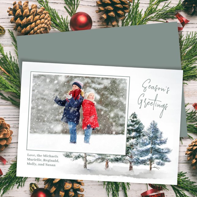 Cartes Pour Fêtes Annuelles Bonnes Fêtes photo de pin d'hiver (Season's Greetings woodland holiday photo card.)