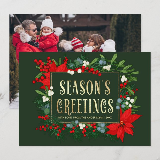 Cartes Pour Fêtes Annuelles Bonnes Fêtes. Poinsettia Frame Photo (Devant / Derrière)