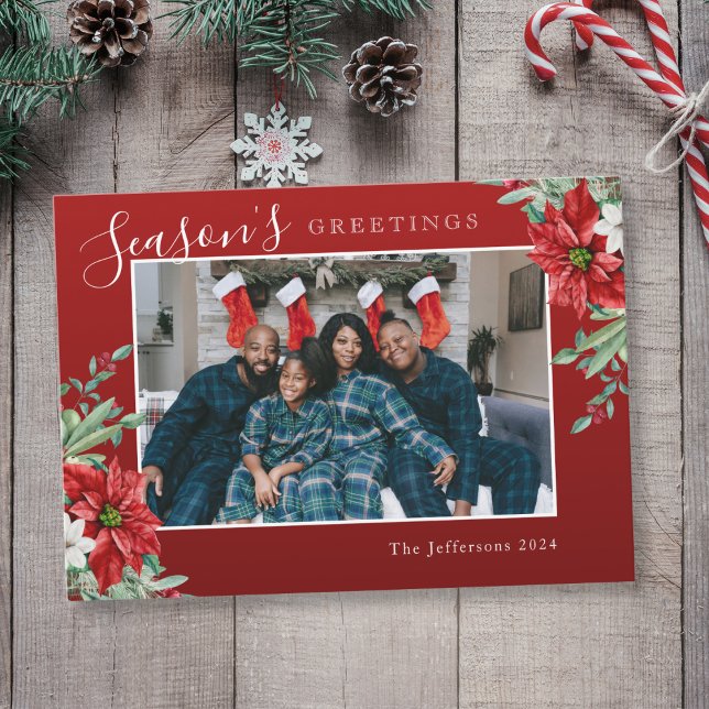 Cartes Pour Fêtes Annuelles Bonnes Fêtes Rouge Poinsettia Photo Noël (Mockup View)