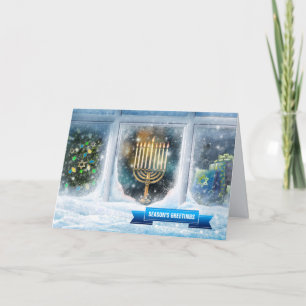 Cartes Pour Fêtes Annuelles Bonnes Fêtes. Scène de neige avec Menorah
