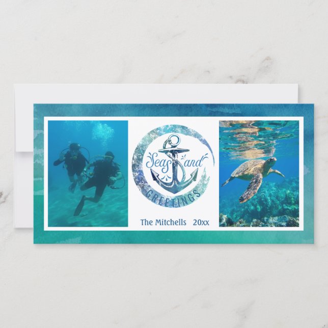 Cartes Pour Fêtes Annuelles "Bonnes Fêtes" tropicales vague océanique - 2 phot (Devant)