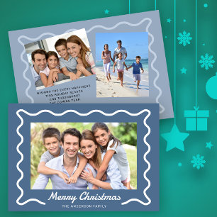 Cartes Pour Fêtes Annuelles Bordure agitée Joyeux Noël 3 Photos Bleu