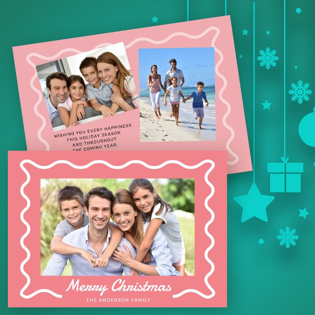 Cartes Pour Fêtes Annuelles Bordure agitée Joyeux Noël 3 Photos Rose (Créateur téléchargé)