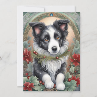 Cartes Pour Fêtes Annuelles Bordure Collie Chien Poinsettias Holly Noël