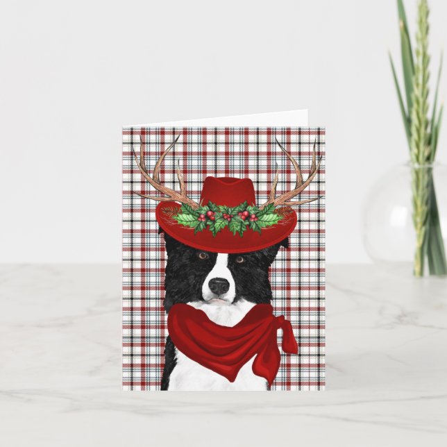 Cartes Pour Fêtes Annuelles Bordure Collie et Western Plaid Noël (Devant)