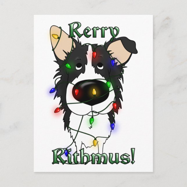 Cartes Pour Fêtes Annuelles Bordure Collie Lumières de Noël (Devant)