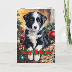 Cartes Pour Fêtes Annuelles Bordure de Noël Chiot Collie dans un panier