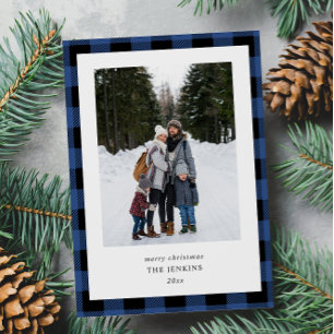 Cartes Pour Fêtes Annuelles Bordure simple bleu noir plaid 2 Photos Noël